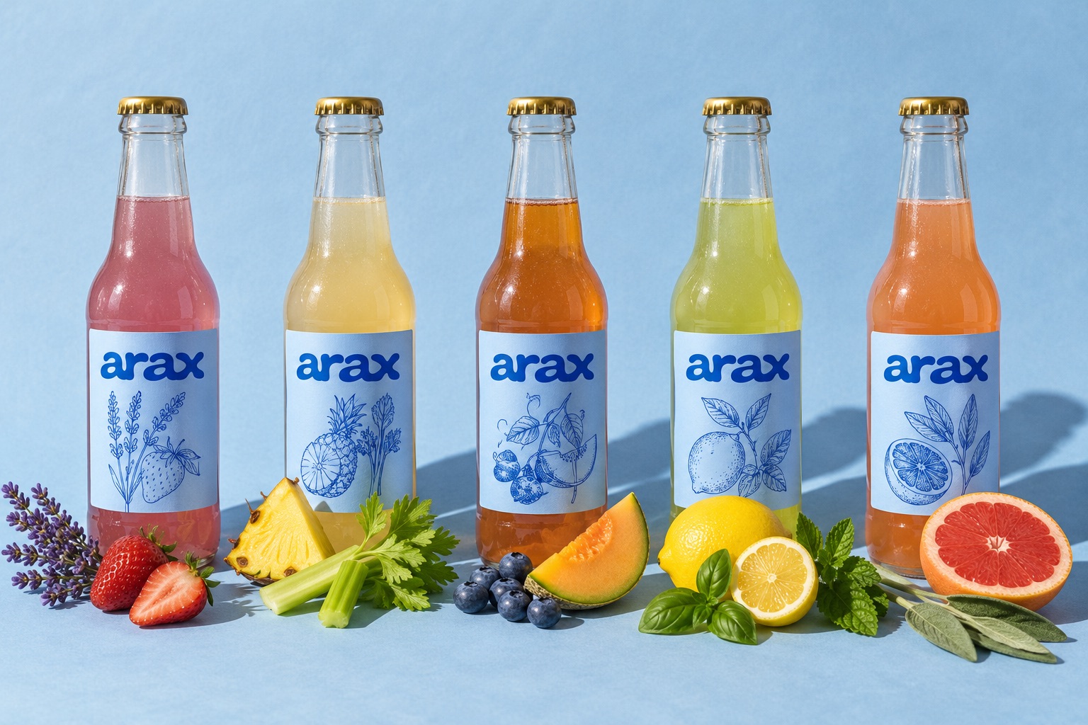 Пять бутылок ARAX в ряд, у каждой лежат её фрукты и травы